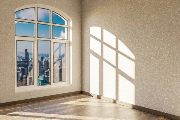Boş Şehir Dairesi Ufuk Çizgisi Görünümlü Brigth Güneş Işığı Pencereli — Stok fotoğraf