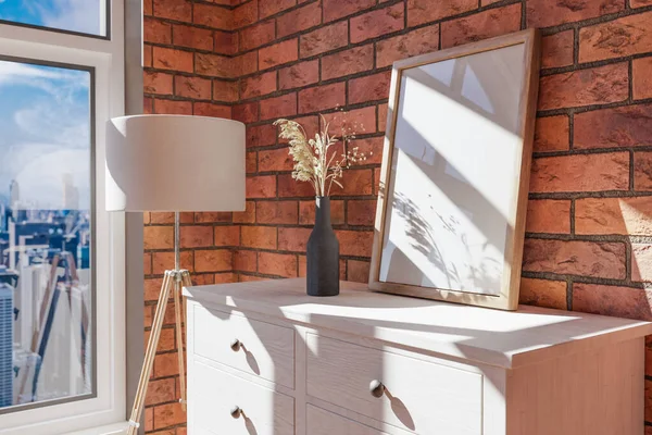 wooden dresser standing in room corner; daylight downtown skyline; mock up poster frame standing on furniture; home decoration desing; 3D Illustration