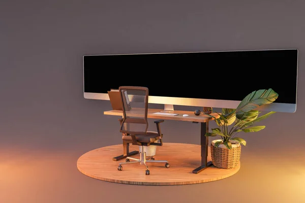 大型宽屏显示器显示平台上的单个计算机工作空间 自由职业和家庭办公概念 3D说明 — 图库照片