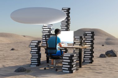Adam çöl ortamında bilgisayar ofisindeki iş yerinde oturuyor. Başında devasa klasörler ve bulut yığınları var. İş yükü stresi tükenme kavramı, 3 boyutlu illüstrasyon