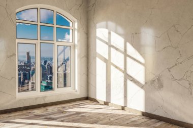boş şehir dairesi ufuk çizgisi görünümlü ve brigth güneş ışığı pencereli; modern mimari tasarım; 3D illüstrasyon