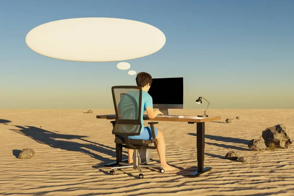 Hombre Sentado Lugar Trabajo Oficina Ambiente Del Desierto Con Las —  Fotos de Stock