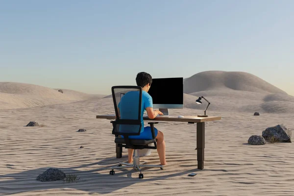 Człowiek Siedzi Miejscu Pracy Komputera Środowisku Pustynnym Koncepcja Wypalenia Stresu — Zdjęcie stockowe