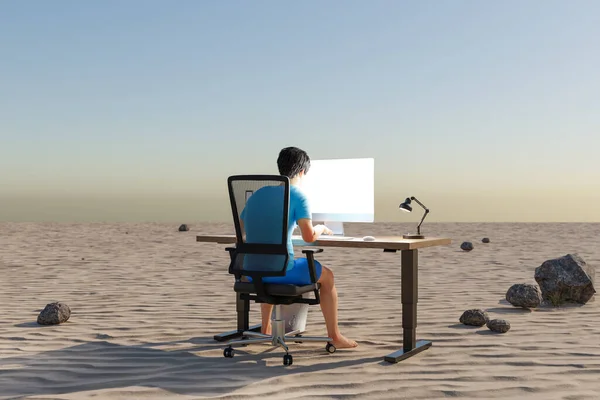 Uomo Seduto Sul Posto Lavoro Ambiente Desertico Concetto Stress Burnout — Foto Stock
