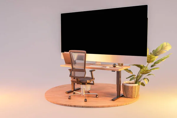 Isolated Computer Workspace Wooden Podium Giant Widescreen Monitor Freelance Home — Stock Photo, Image