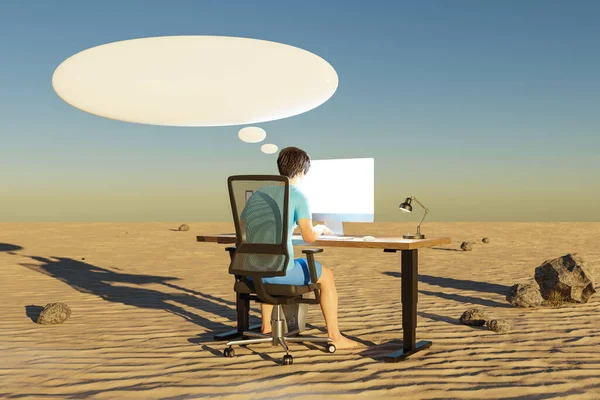 Hombre Sentado Lugar Trabajo Oficina Ambiente Del Desierto Con Las — Foto de Stock