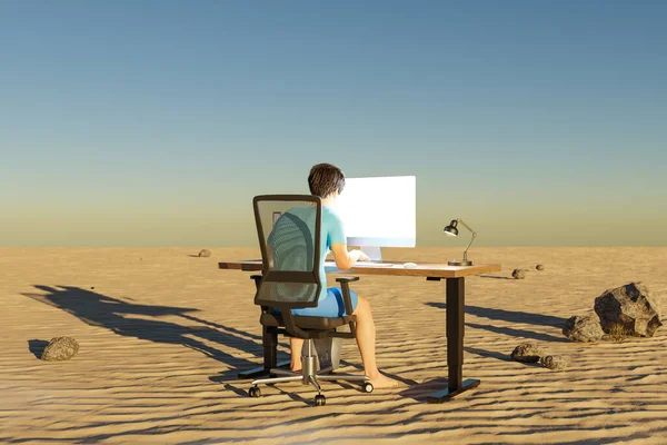 Uomo Seduto Sul Posto Lavoro Ambiente Desertico Concetto Stress Burnout — Foto Stock