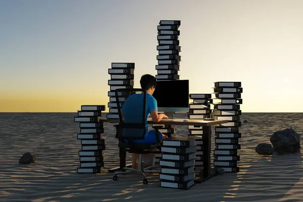 在沙漠环境中 一个人坐在Pc办公室的工作环境中 堆满了大堆文件装订工具 工作量压力耗尽的概念 3D说明 — 图库照片