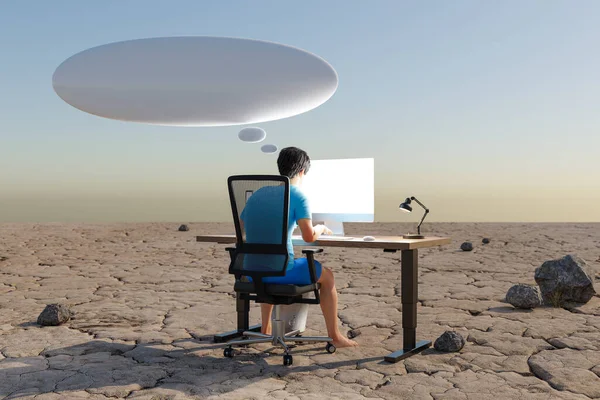 Hombre Sentado Lugar Trabajo Oficina Ambiente Del Desierto Con Las — Foto de Stock