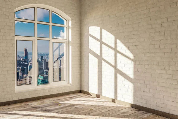 Boş Şehir Dairesi Ufuk Çizgisi Görünümlü Brigth Güneş Işığı Pencereli — Stok fotoğraf