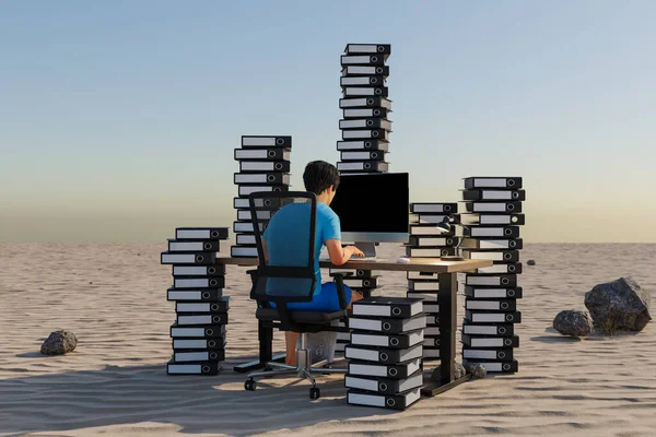 在沙漠环境中 一个人坐在Pc办公室的工作环境中 堆满了大堆文件装订工具 工作量压力耗尽的概念 3D说明 — 图库照片