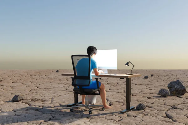 Man Zit Werkplek Woestijn Omgeving Werkbelasting Stress Burn Out Concept — Stockfoto
