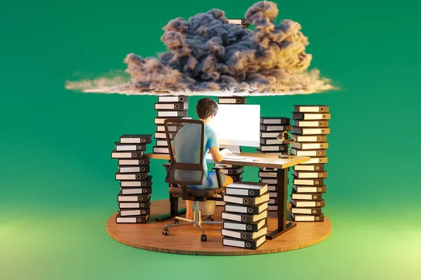 文書のバインダーと頭の上の雲のスタックと無限の背景にPcオフィスの職場に座って男 ワークロードストレス書き込みコンセプト 3Dイラスト — ストック写真