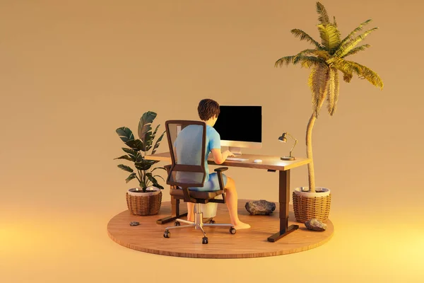 Mann Sitzt Büroarbeitsplatz Isolierter Tropischer Inselumgebung Unendlicher Hintergrund Arbeitsbelastungskonzept Illustration — Stockfoto