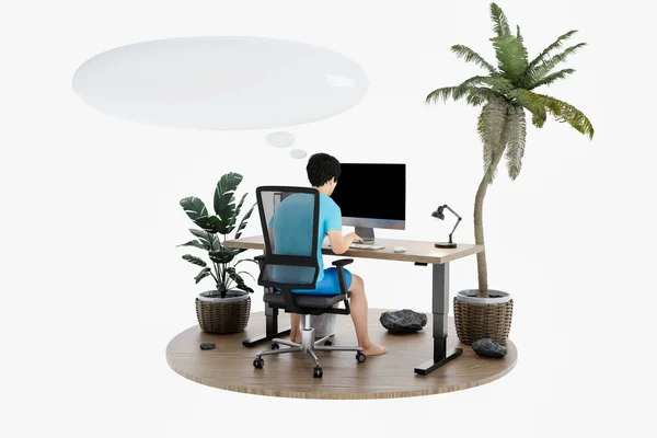 Man Sitting Office Workplace Isolated Tropical Island Environment Infinite Background — Stock Photo, Image