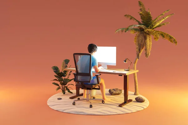 Hombre Sentado Lugar Trabajo Oficina Ambiente Aislado Isla Tropical Fondo — Foto de Stock