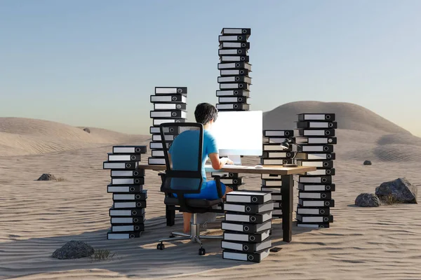 Homem Sentado Local Trabalho Escritório Ambiente Deserto Com Grandes Pilhas — Fotografia de Stock