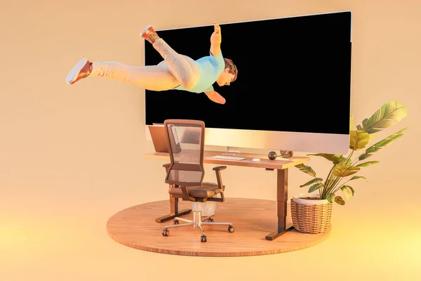 Biznesmen Unoszący Się Powietrzu Zostaje Wessany Gigantyczny Wyświetlacz Komputerowy Surrealistyczne — Zdjęcie stockowe