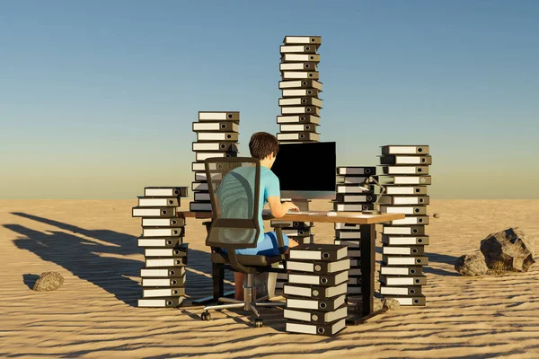 Mann Sitzt Büroarbeitsplatz Wüstenumgebung Mit Riesigen Stapeln Von Aktenordnern Burnout — Stockfoto