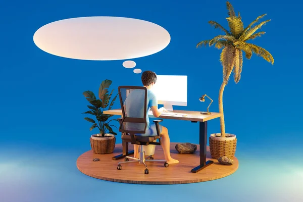 Hombre Sentado Lugar Trabajo Oficina Ambiente Aislado Isla Tropical Burbuja — Foto de Stock