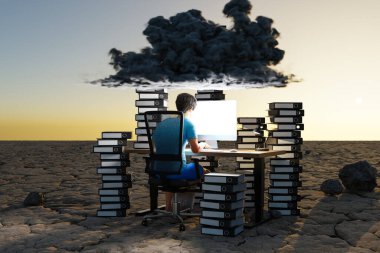 Adam çöl ortamında bilgisayar ofisindeki iş yerinde oturuyor. Başında devasa klasörler ve bulut yığınları var. İş yükü stresi tükenme kavramı, 3 boyutlu illüstrasyon