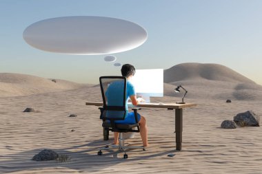 Adam çöl ortamında bilgisayarın çalışma yerinde devasa klasörler ve konuşma baloncuklarıyla oturuyor; iş yükü stresi tükenme konsepti; 3D Illustration