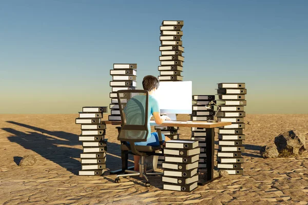 Mann Sitzt Büroarbeitsplatz Wüstenumgebung Mit Riesigen Stapeln Von Aktenordnern Burnout — Stockfoto