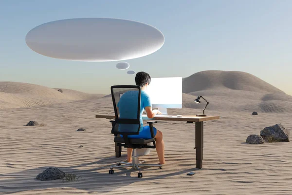 在沙漠环境中 男人坐在Pc办公室的工作环境中 堆满了巨大的粘合剂和语音泡沫 工作量压力耗尽的概念 3D说明 — 图库照片