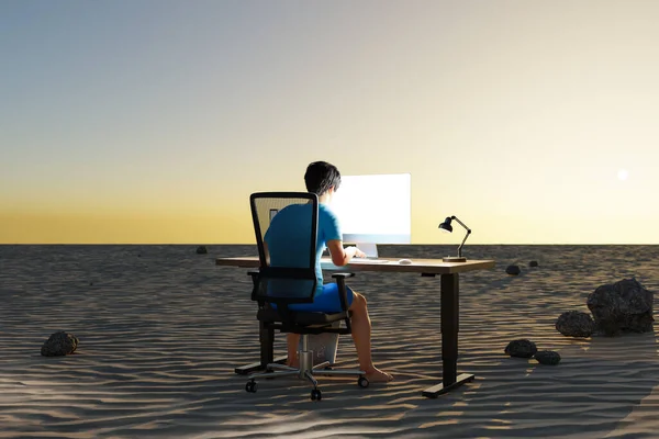 Человек Сидящий Компьютером Рабочем Месте Пустыне Концепция Выгорания Нагрузке Моделирование — стоковое фото