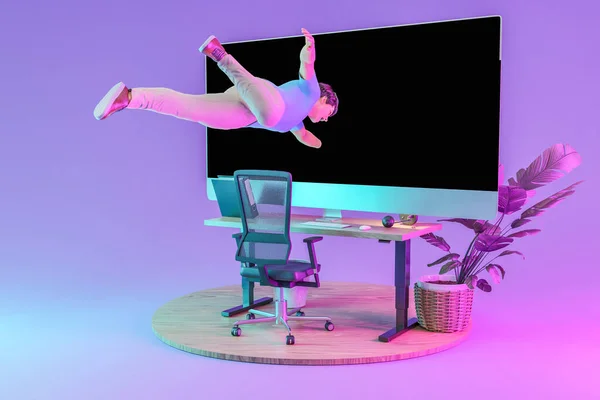 漂浮在空中的商人被吸进了巨大的Pc显示屏 超现实的沉浸和虚拟现实的概念 背景无限的孤立的桌子 3D说明 — 图库照片