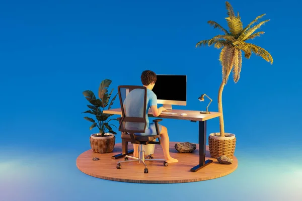 Mann Sitzt Büroarbeitsplatz Isolierter Tropischer Inselumgebung Unendlicher Hintergrund Arbeitsbelastungskonzept Illustration — Stockfoto
