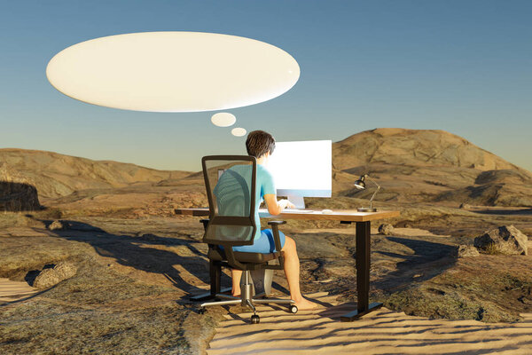 man sitting at pc office workplace in desert environment with huge stacks of binders and speech bubble; workload stress burnout concept; 3D Illustration