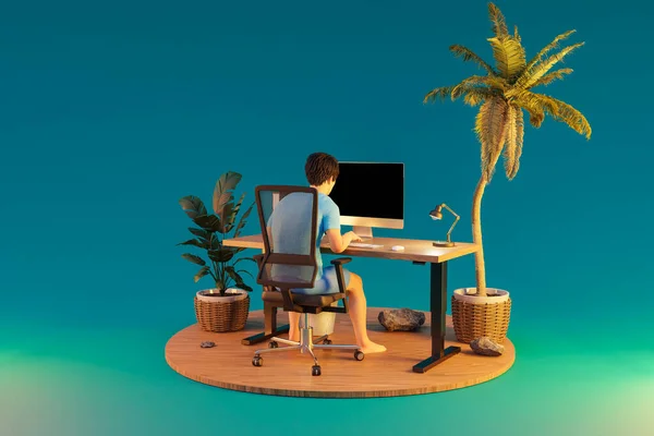 stock image man sitting at pc office workplace in isolated tropical island environment; infinite background; workload stress concept; 3D Illustration