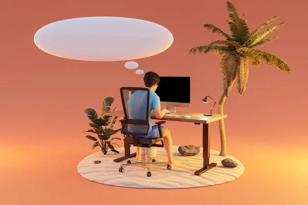 Yalıtılmış Tropikal Ada Ortamında Bilgisayar Ofisinde Oturan Adam Sonsuz Arka — Stok fotoğraf