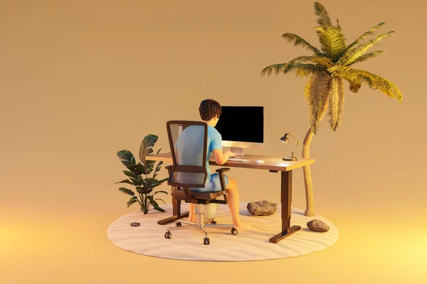 在孤立的热带岛屿环境中坐在Pc办公室工作的人 无边无际的背景 工作量压力概念 3D说明 — 图库照片