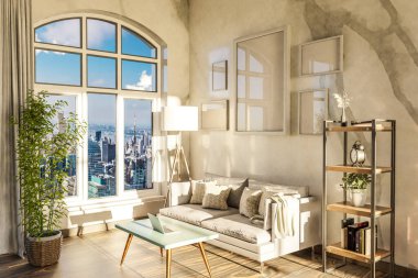 Şehir merkezi üzerinde pencere ve panoramik manzaralı lüks çatı katı dairesi; soylu iç mekan tasarımı modelleme; 3D Görüntü