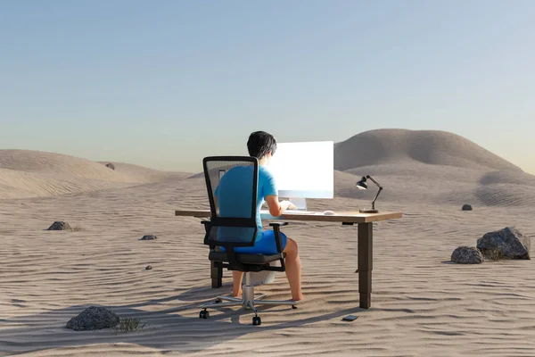 Человек Сидящий Компьютером Рабочем Месте Пустыне Концепция Выгорания Нагрузке Моделирование — стоковое фото