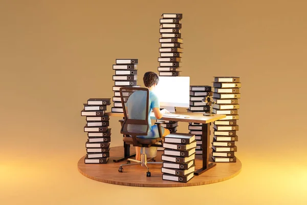 文書のバインダーのスタックと無限の背景にPcオフィスの職場に座って男 ワークロード書き込みの概念 3Dイラスト — ストック写真