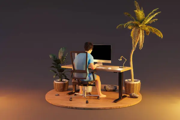Homem Sentado Escritório Local Trabalho Ambiente Isolado Ilha Tropical Fundo — Fotografia de Stock