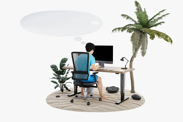 孤立した熱帯の島の環境のPcオフィスの職場に座っている男 無限の背景 ワークロードストレスの概念 3Dイラスト — ストック写真