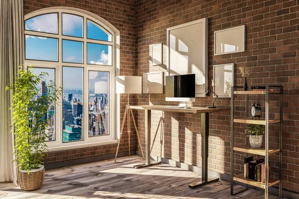 ダウンタウンのスカイラインオフィスにある現代的なデスクPcの職場 ホーム装飾デザインとホームオフィスのコンセプト 3Dイラスト — ストック写真