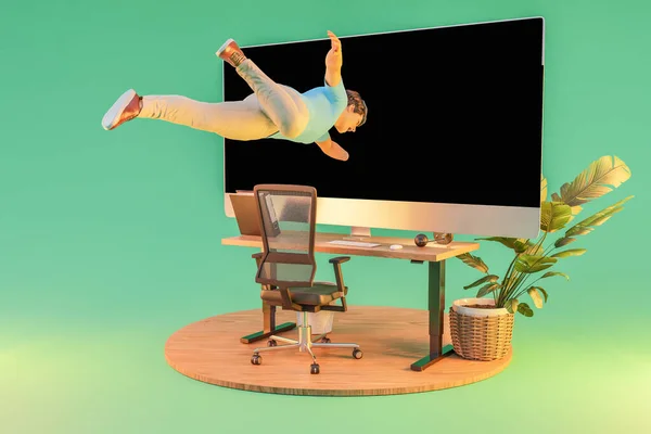 Affärsman Flyter Luften Sugs Jätte Display Surrealistisk Nedsänkning Och Virtuell — Stockfoto