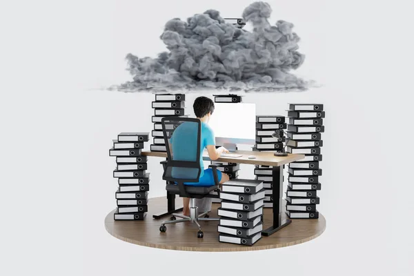 Muž Sedící Pracovišti Nekonečném Pozadí Hromadami Pořadačů Dokumentů Cloudem Nad — Stock fotografie
