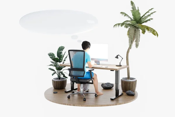 Hombre Sentado Lugar Trabajo Oficina Ambiente Aislado Isla Tropical Burbuja —  Fotos de Stock