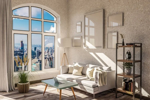 Luxusní Podkrovní Byt Oknem Panoramatickým Výhledem Centrum Města Vznešený Design — Stock fotografie