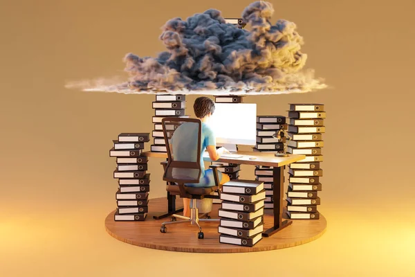 男人坐在Pc办公室工作场所无限的背景下 堆满了文件粘合剂和云彩 工作量压力耗尽的概念 3D说明 — 图库照片