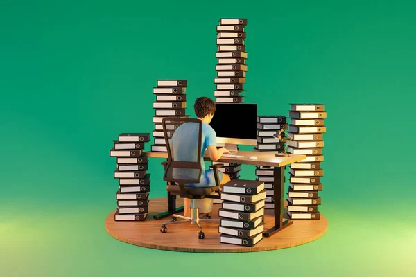 Mann Sitzt Büroarbeitsplatz Auf Unendlichem Hintergrund Mit Stapeln Von Aktenordnern — Stockfoto