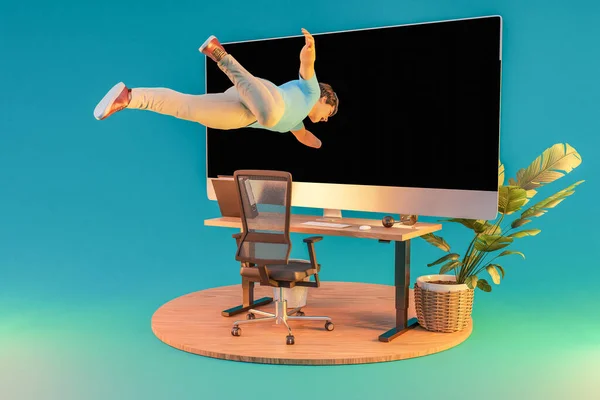 Podnikatel Plovoucí Vzduchu Vsákne Obřího Displeje Surrealistické Ponoření Koncepce Virtuální — Stock fotografie