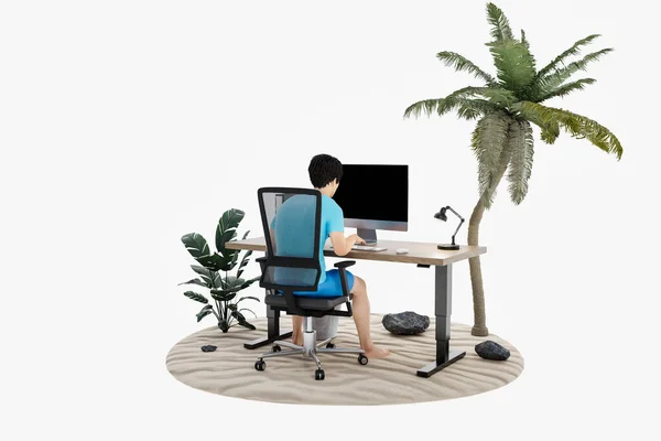 Hombre Sentado Lugar Trabajo Oficina Ambiente Aislado Isla Tropical Fondo —  Fotos de Stock