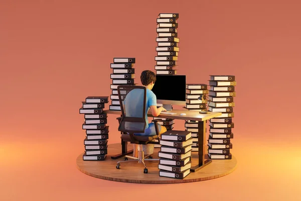 Mann Sitzt Büroarbeitsplatz Auf Unendlichem Hintergrund Mit Stapeln Von Aktenordnern — Stockfoto